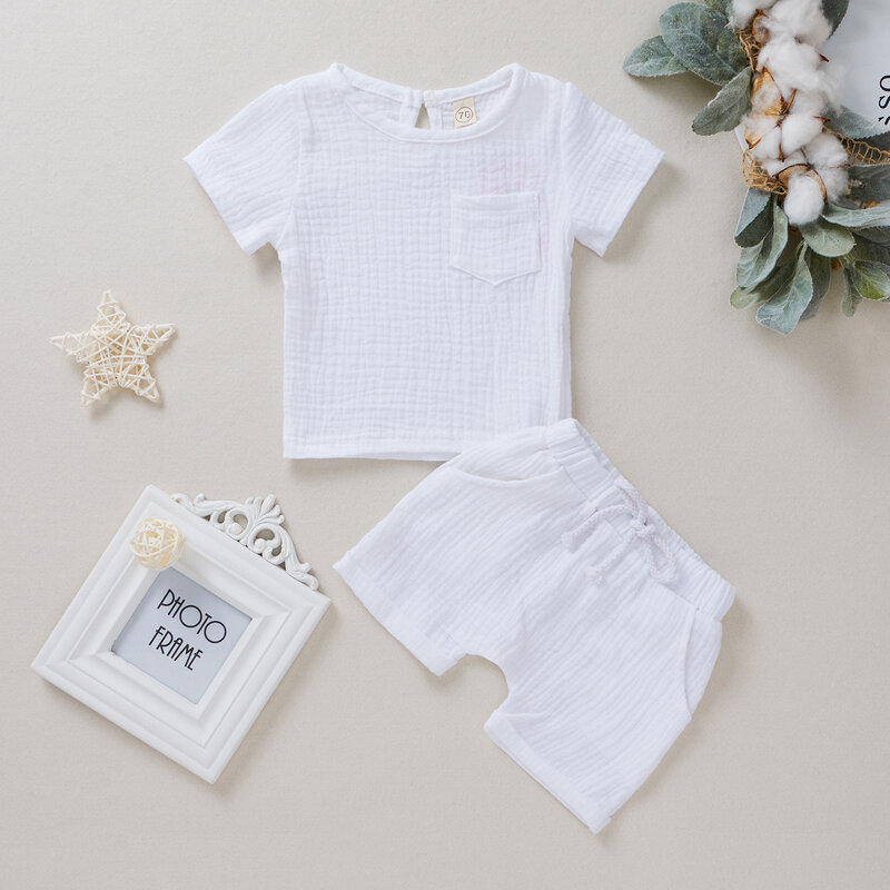 2022 Summer Unisex Baby Cotton Linen 2Pcs Suit Short Sleeve Round Neck T-shirt with Elasctic Shorts Casual Girls Boys Home Wear