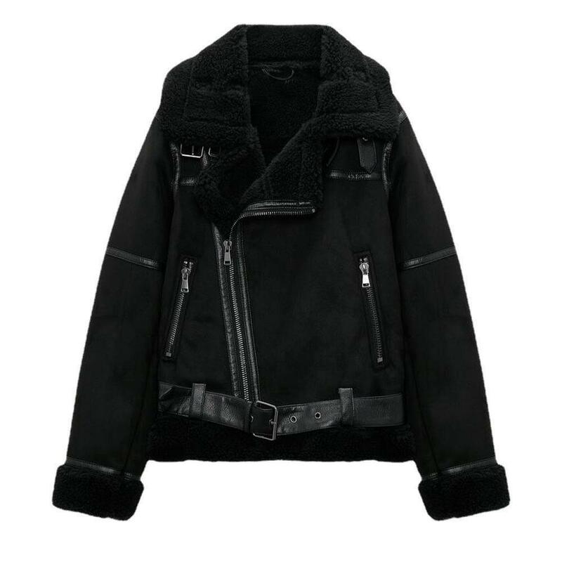 Za-chaqueta gruesa y cálida de ante para mujer, abrigo corto de piel de oveja sintética, color marrón, para motocicleta, Invierno