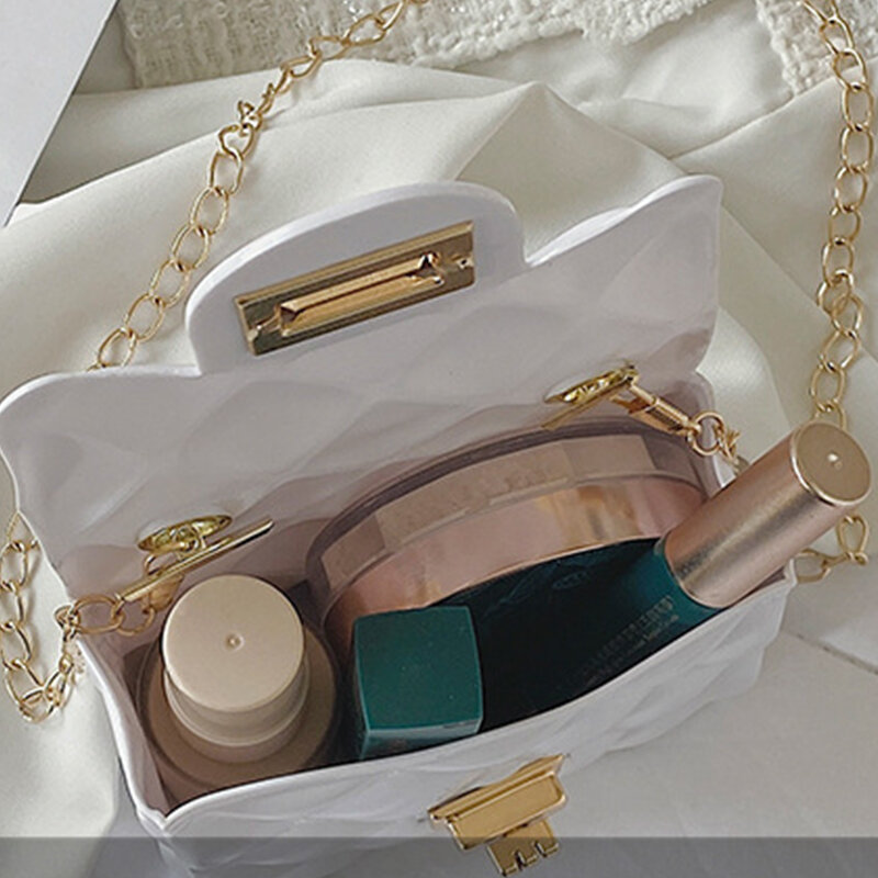 Bolso de mano de gelatina para mujer, bandoleras coloridas con asa de cadena de perlas, diseño de marca, pequeño Mini bolso cruzado con broche