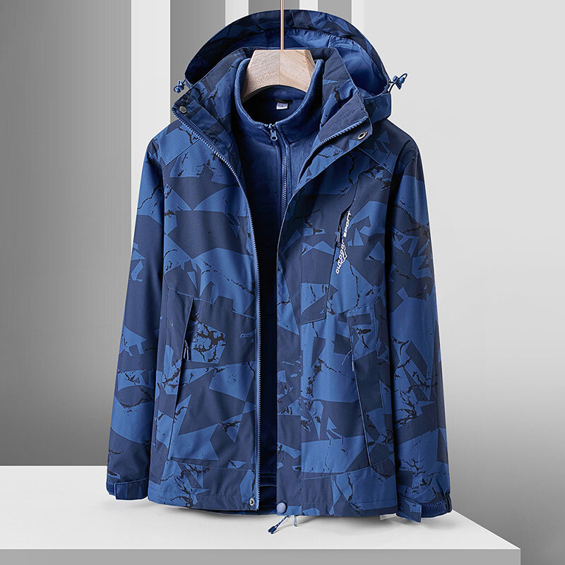 Мужская зимняя куртка-карго в стиле милитари, плотная теплая синяя парка с принтом, одежда с капюшоном, бархатное модное пальто большого раз...