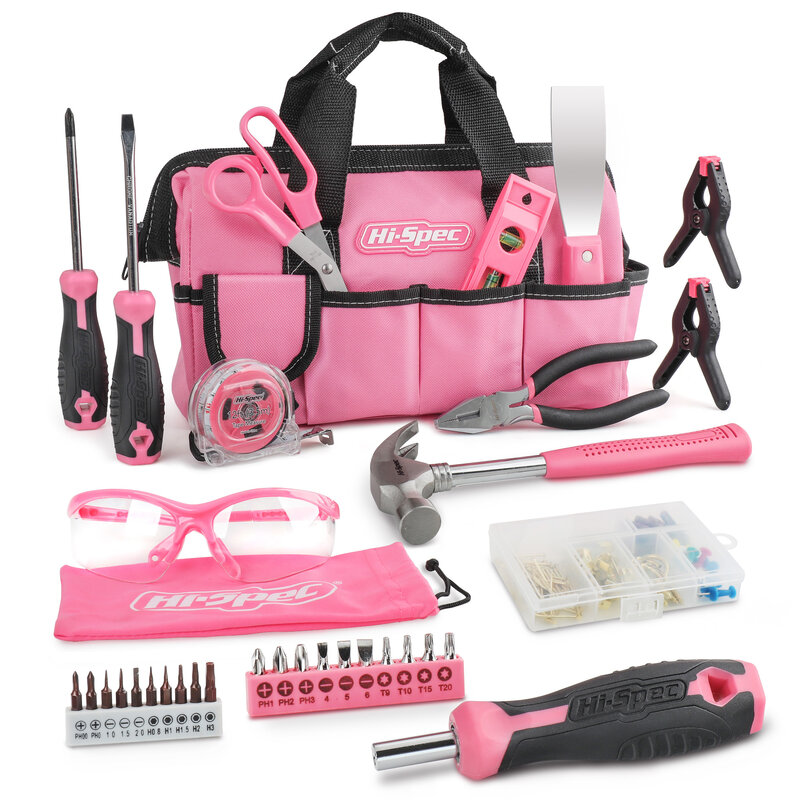 Hi-Spec 30 Pcs Girls Household Tool Set Pink Home Tool Kit Tool Bag for Women With Precision Hammer Screwdrivers Pliers with bag