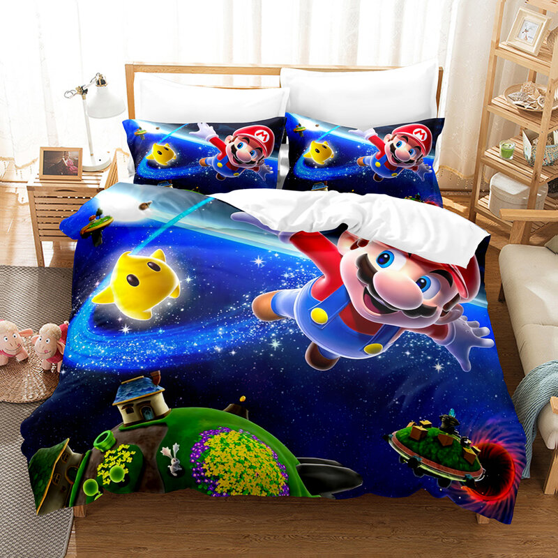 Kids Christmas Gift Bedding Set Cartoon Anime Marioes Outer Space Duvet Cover Soft Bedclothes Single Double Decor Home NO Sheet