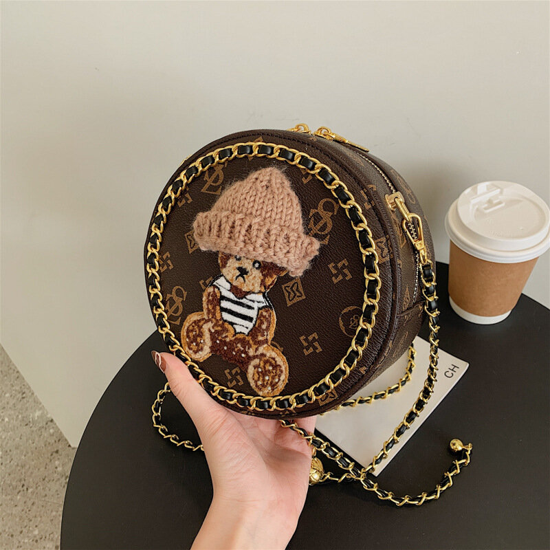 Small Round Bags for Women 2022 New Printing Vintage Crossbody Bags Leather Chain Cute Bear Luxury Designer Shoulder Bag Woman