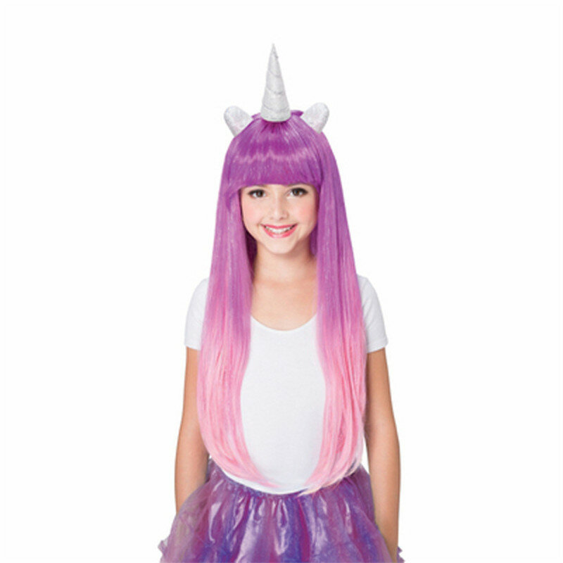 Rambut Palsu Unicorn Pelangi Rambut Putri Kostum Cosplay Anak Perempuan Anak Rambut Palsu Panjang Cosplay Aksesori Kartun Hadiah Unicorn Anak-anak