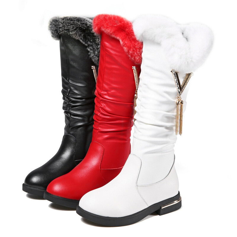 Winter Children School Boots Girls Fashion Causal Plush Long Kids Boots Princess Flats High Shoes Snow Water Proof Martin Boots