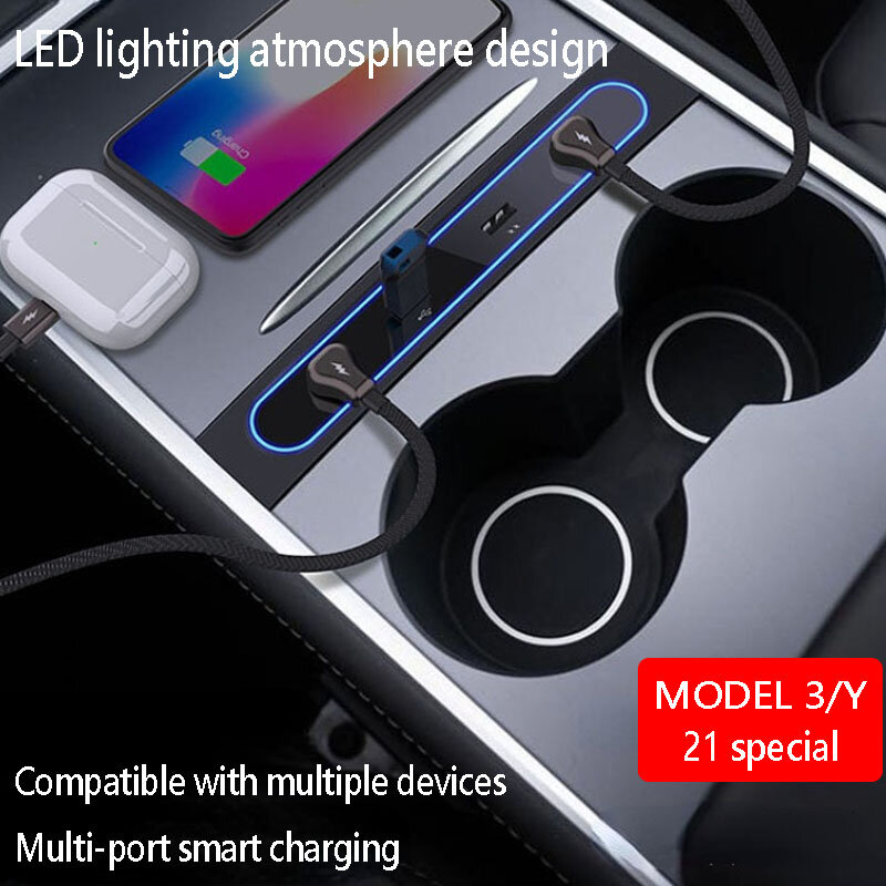 For Tesla 2021 Model 3 Model Y 27W Quick Charger Intelligent Docking Station USB Shunt Hub Decoration Interior  Accessories