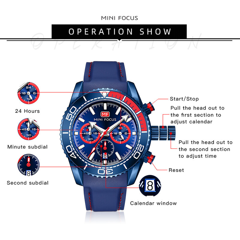 MINI FOCUS สีฟ้ากีฬานาฬิกาสำหรับชาย Chic Multifunction Sub-Dials ปฏิทิน Urban Luxury นาฬิกาสายคล้องคอซิลิโคนมือส่องสว่างให...