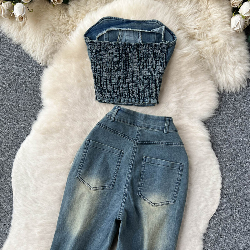 American Retro Spicy Girl Style Pure Desire Denim Crop Top and High Waist Flared Pants Two-Piece Set