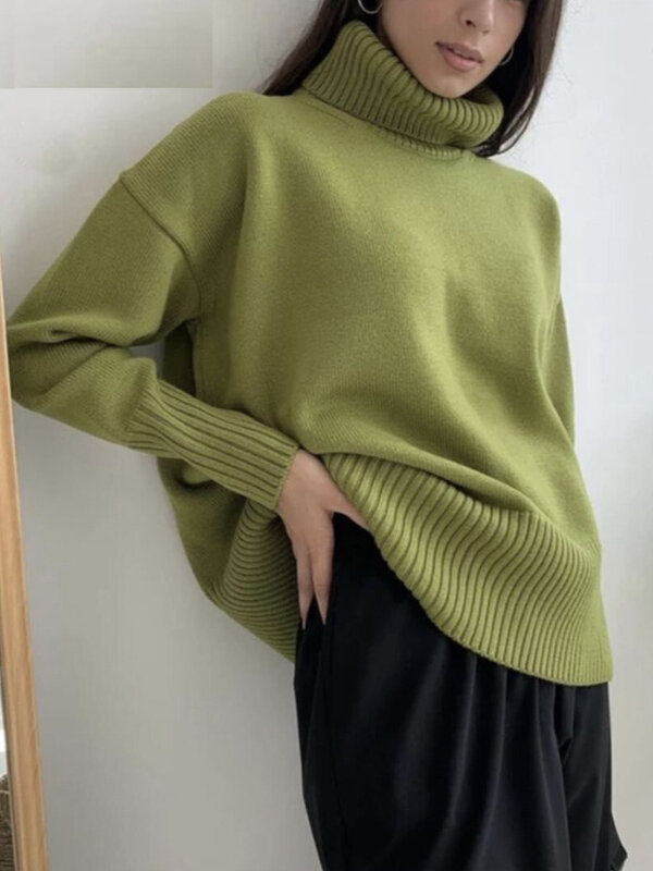 2022 nowy sweter z dzianiny damskie sweter z golfem moda Oversize z długim rękawem luźne damskie swetry ciepłe swetry damskie