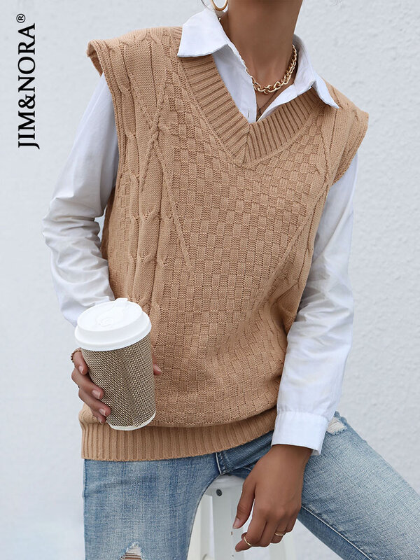 JIM & NORA-suéter de punto para mujer, chaleco suelto sin mangas de color sólido con cuello en V, Tops informales de gran tamaño, ropa de oficina a la moda, otoño