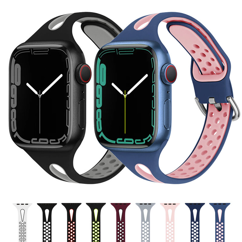 Water Drop Slimming Silicone Strap For Apple Watch Series 7 6 SE 5 4321 Double-hole Butterfly Snap Buckle For Apple iWatch Band