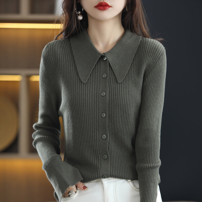 Spring and Autumn New Outer Shirts Women's POLO Collar Knit Cardigan Sweater Temperament Fashion Lapel Jacket Bottoming Shirt