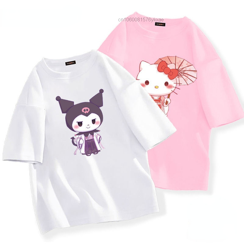 Camiseta de manga corta con estampado de Hello Kitty Kuromi para niño y niña, Camiseta holgada de dibujos animados, Top informal de alta calidad, 2 piezas