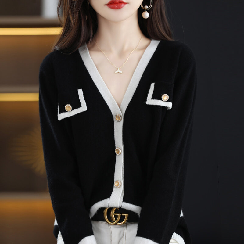 Heißer Verkauf Herbst Und Winter Neue frauen Koreanische Art Mode Nähen 100% Wolle Gestrickte Beiläufige Top V-ausschnitt Duftenden Chic strickjacke