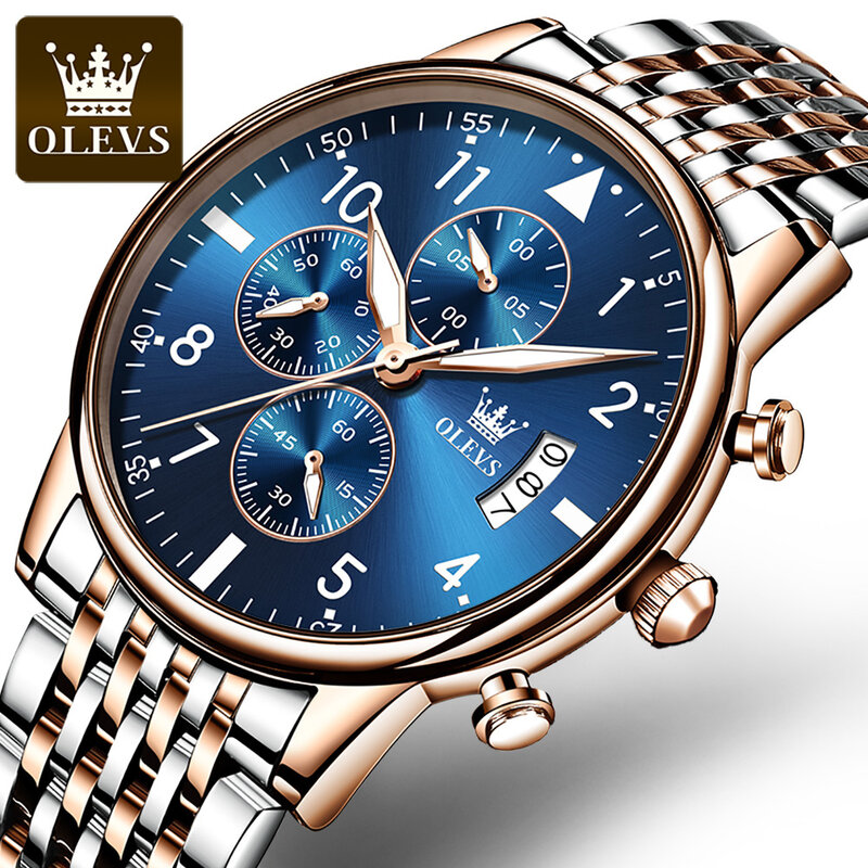 Водонепроницаемые Модные мужские наручные часы OLEVS, многофункциональные высококачественные кварцевые часы с ремешком из нержавеющей стал...