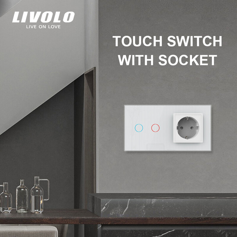 Livolo – Toma de corriente de pared con interruptor y panel C702-C7C1EU-11, Enchufe de pared europeo de 16A con interruptor táctil, panel de cristal en 7 colores, CA 220-250V
