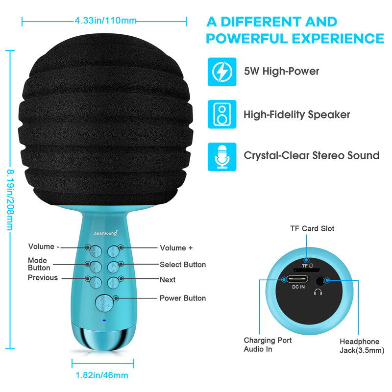 ZealSound Mikrofon Karaoke Nirkabel Bluetooth Mikrofon Kamar Genggam Portabel Mesin Bernyanyi Rumah Speaker Catatan untuk Anak-anak