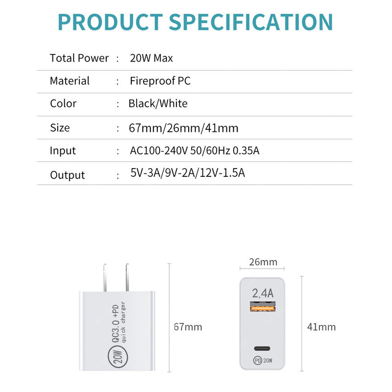 20w pd snel opladen usb c oplader voor iphone 13 12 pro max 11 mini ipad xiaomi mobiele telefoon type c snel opladen muuradapter