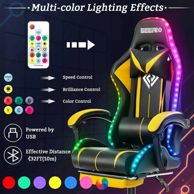 Chaise de Gaming ergonomique et inclinable à 135 degrés, idéale pour le bureau ou pour jouer à l'ordinateur, avec lumière RGB et haut-parleur Bluetooth, Massage en 2 points