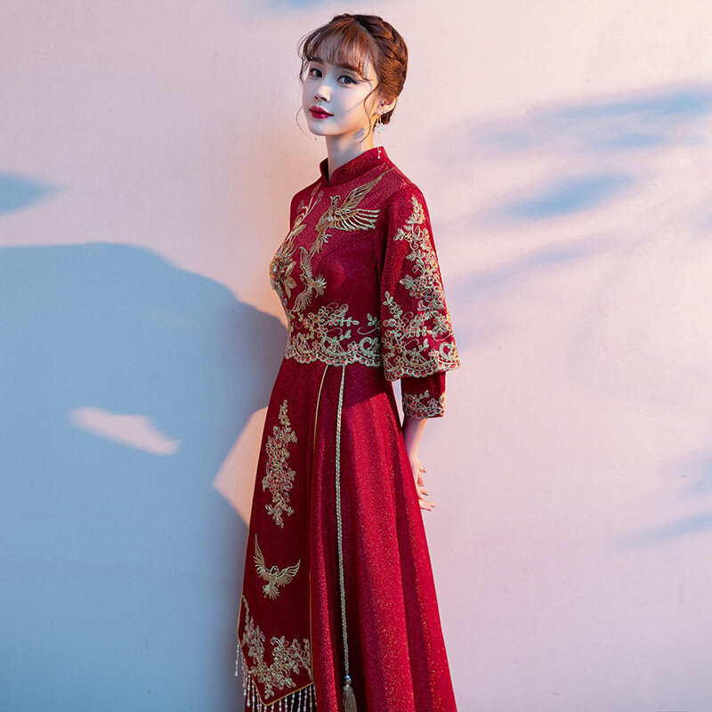 Женское винно-красное платье-Ципао ETESANSFIN с воротником-стойкой и рукавом средней длины для свадьбы/тостов/невесты
