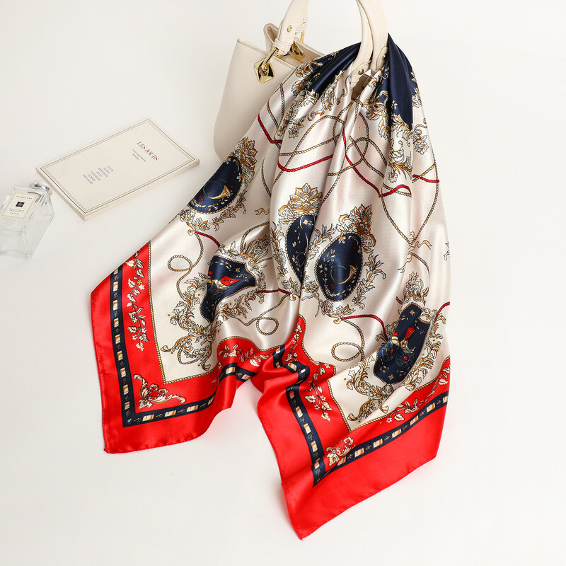 Foulard carré en Satin de soie pour femmes, bandeau Hijab, Bandana, cravate, imprimé, couvre-chef slim, sac portefeuille, mouchoir 90x90cm