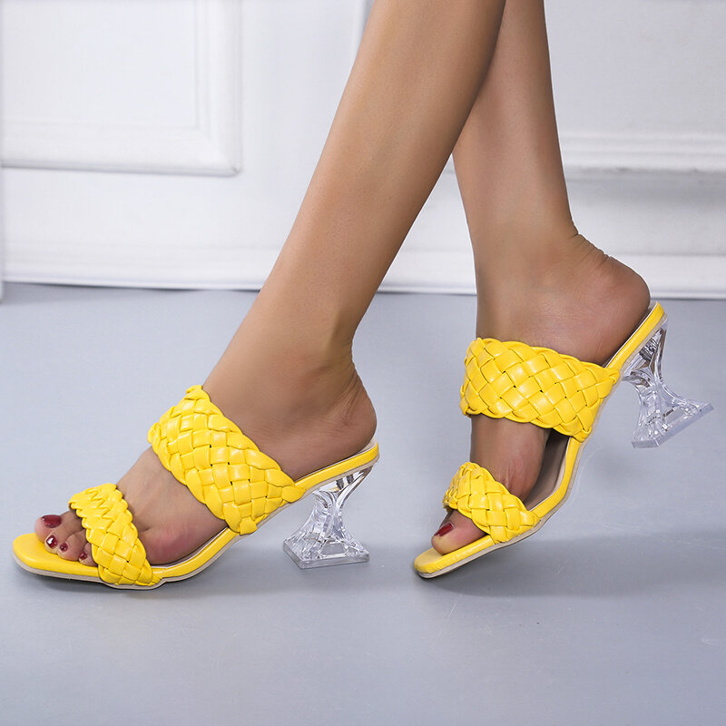 2022 novo verão mulheres mulas design chinelos sandália slides trançado cabo 7cm transparente fretwork saltos femininos sapatos femininos
