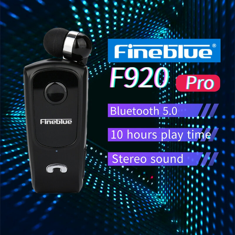 Fineblue f920 pro fone de ouvido compatível com bluetooth 5.0, fone de ouvido sem fio retrátil com clipe para iphone 11, fone de ouvido bluetooth com microfone