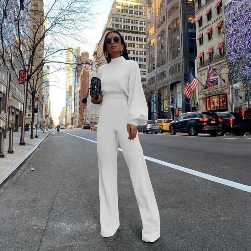 2022Fashion New Sexy Wide Leg Pants Solid Color Turtleneck Backless Long Sleeves Casual One-Piece Trousers Women's Clothing