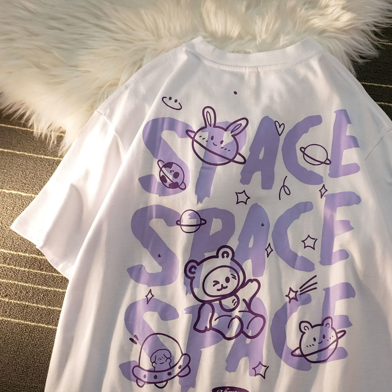 Harajuku Retro Tee Shirts 2022 Summer Clothes Tops Oversized T Shirt Men Space Bear Graffiti Print Short Sleeve Women's T-shirt
