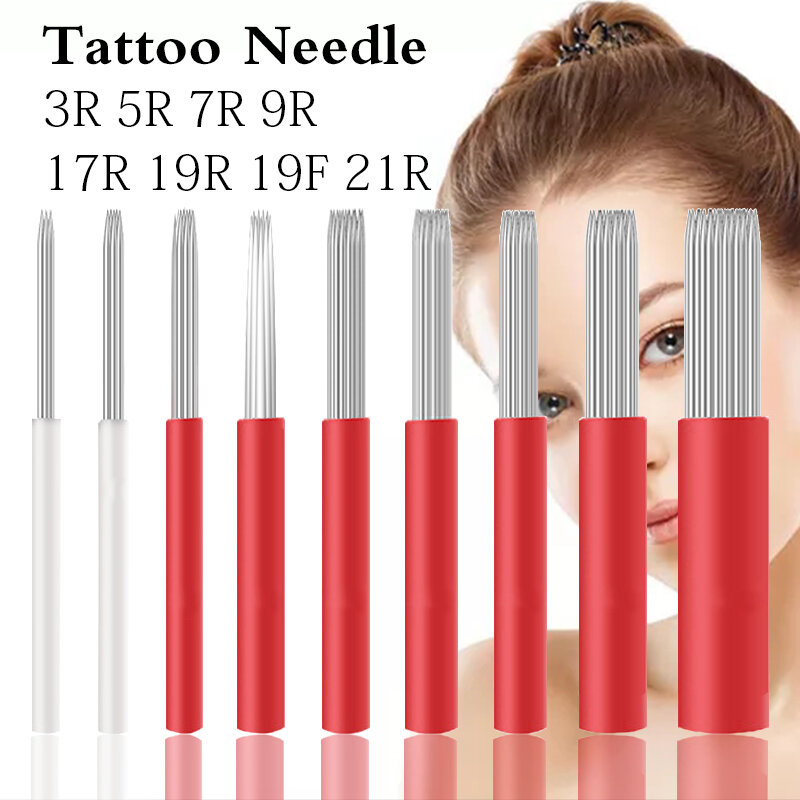 Agujas de Microblading para maquillaje permanente, agujas de Microblading, antiniebla, hoja de sombreado redondo, R3, R5, R7, R9, R21, pluma manual de tatuaje, 50 piezas