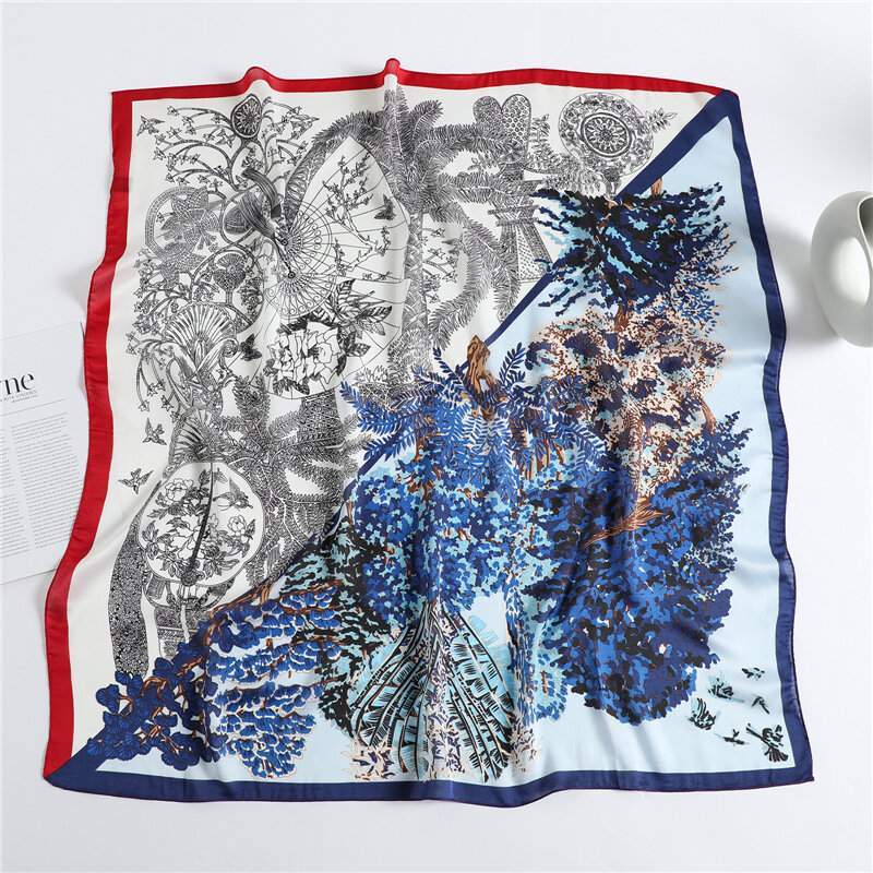 Foulard carré en Satin de soie imprimé Hijab pour femmes, bandeau Floral, châle pour le cou, Bandana, nouveau Design 2021
