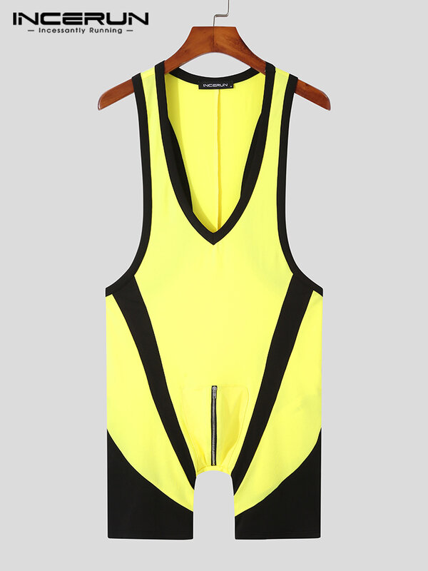 Modieuze Loungewear Nieuwe Mannen Hot Koop Mouwloze Jumpsuit Stijlvolle Casual Mannelijke V-hals Splicing Zip Bodysuits S-5XL Incerun 2023