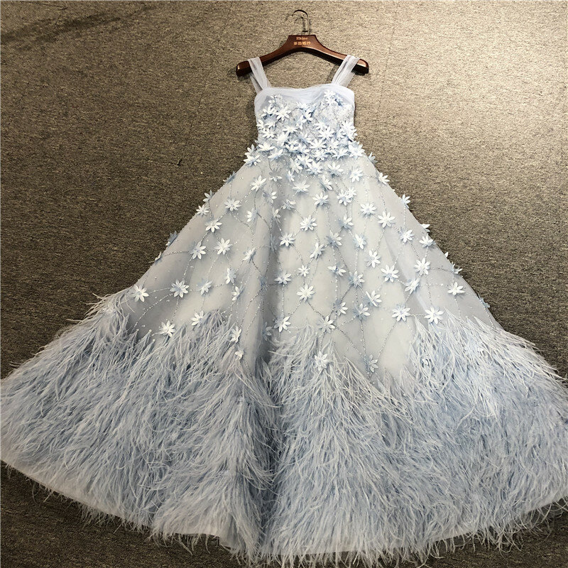 Robe de soirée trapèze bleu ciel pour femmes, 100%, image réelle, perles luxueuses, bretelles Spaghetti, robe de bal formelle, robes de mariée