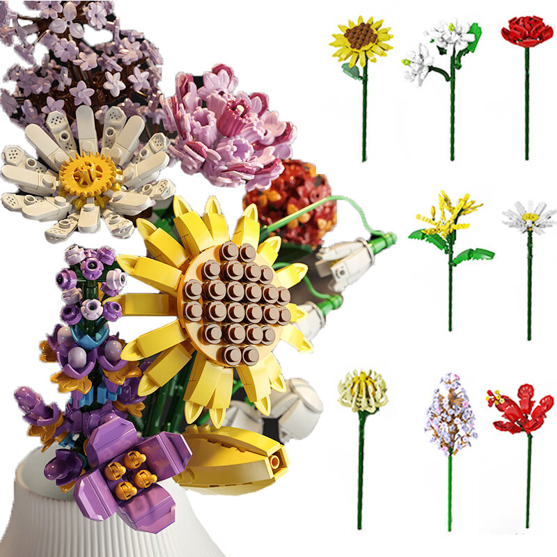 Moc Flower Bouquets Plants Building Blocks Sunflower Rose Daffodil Tulip Lilac Daisy Lotus Carnation Assembly Brick Girl Toys