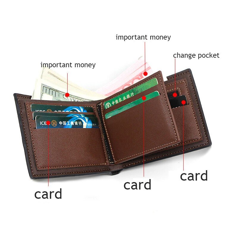 男性用ヴィンテージレザーバッグ,短い3つ折りの財布,コイン,ジッパー,クレジットカード用