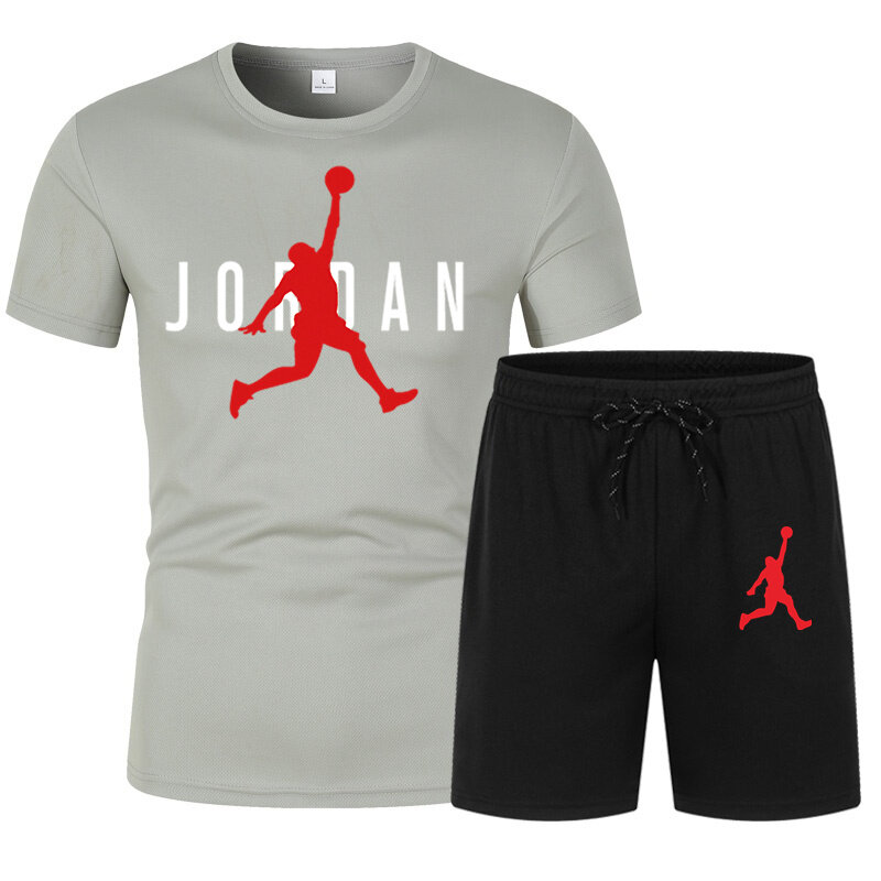 Fashion baju olahraga pria, baju olahraga basket musim panas pria, setelan lari pria, kaus lengan pendek set 2 potong