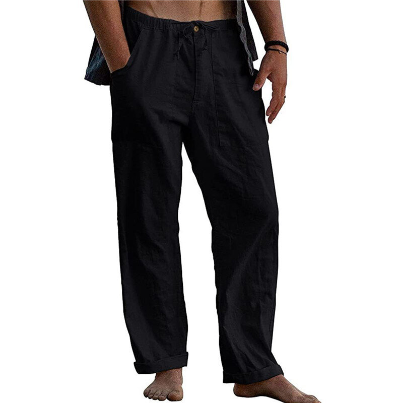 Nowe męskie spodnie z lnu i bawełny w stylu Casual męskie letnie oddychające spodnie o jednolitym kolorze Fitness sportowy Streetwear