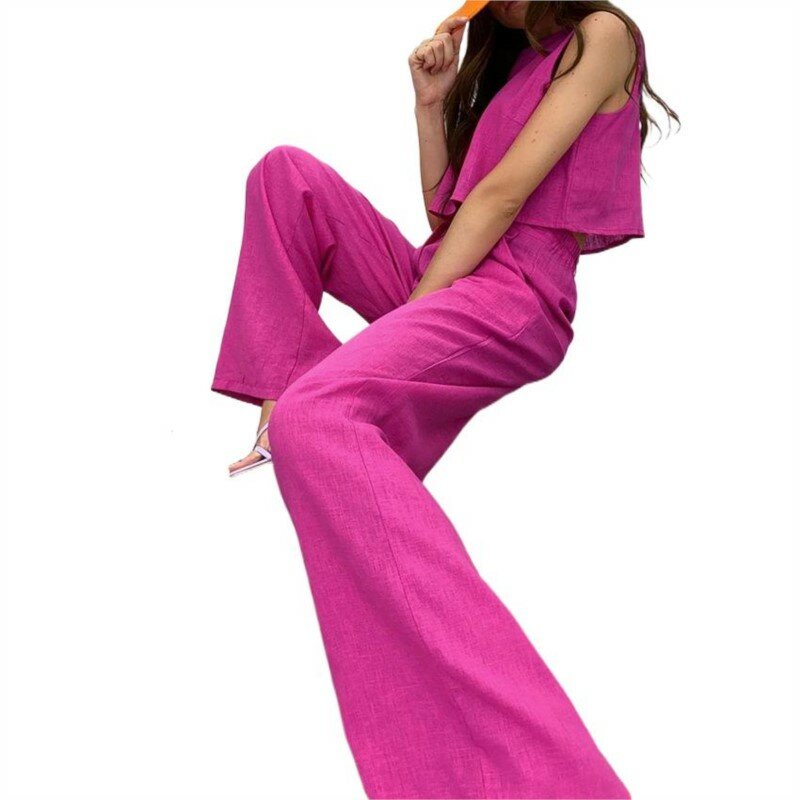 ノースリーブの女性用2ピース衣装,ラウンドネックのフルレングスフレアパンツ,新しい夏のコレクション2022