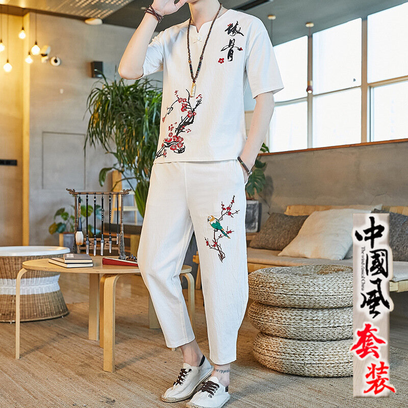 Setelan Tang Linen Tiongkok Tradisional Musim Panas Pria Gaya Hanfu Setelan Linen Katun Pria Putih Kaus Pria Pakaian Kungfu Setelan Tang