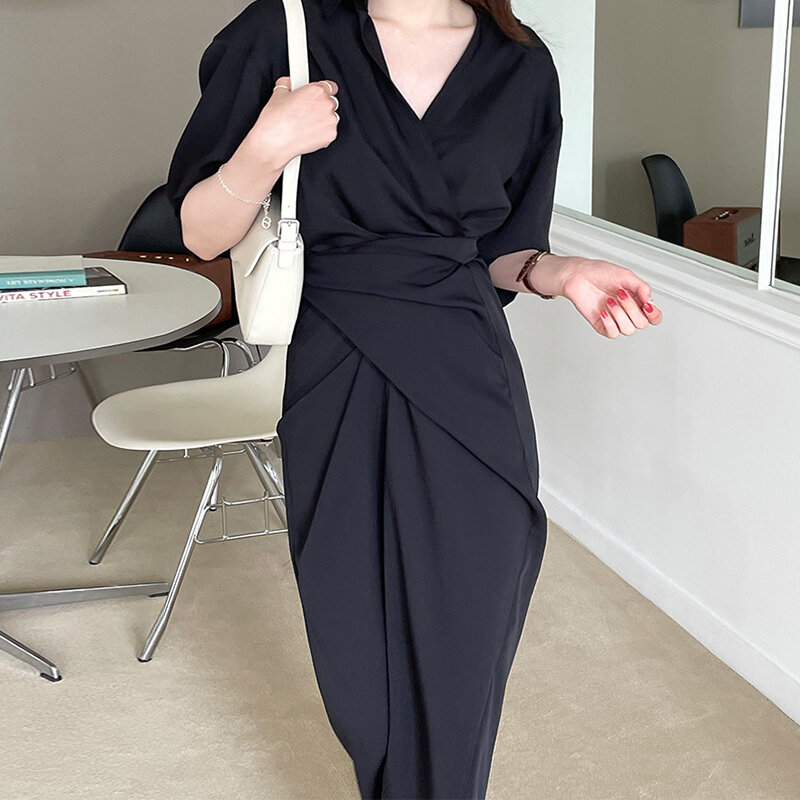 여성용 우아한 라펠 크로스 레이스업 캐주얼 셔츠 드레스, 2023 한국 시크 여름 패션, 반팔 파티 드레스, 신상