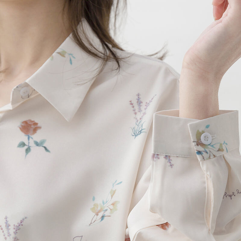 Fashion Office Printing Flowers Single-breasted White Blouse Women Long Sleeve Turn-down Collar Korean All-match Chiffon Shirt