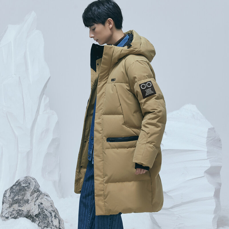 Metersbonwe Polar Series Men Thick Winter Warm Down Jacket 80% Gray Duck Down Hooded  Medium Length Waterproof  Down Coat