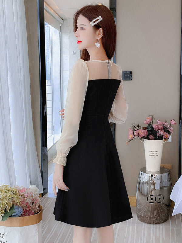 2022 nowa jesienna koreańska damska krótka sukienka szyfonowa wygodna wąska talia moda z długim rękawem V-Neck damska sukienka sukienka trapezowa