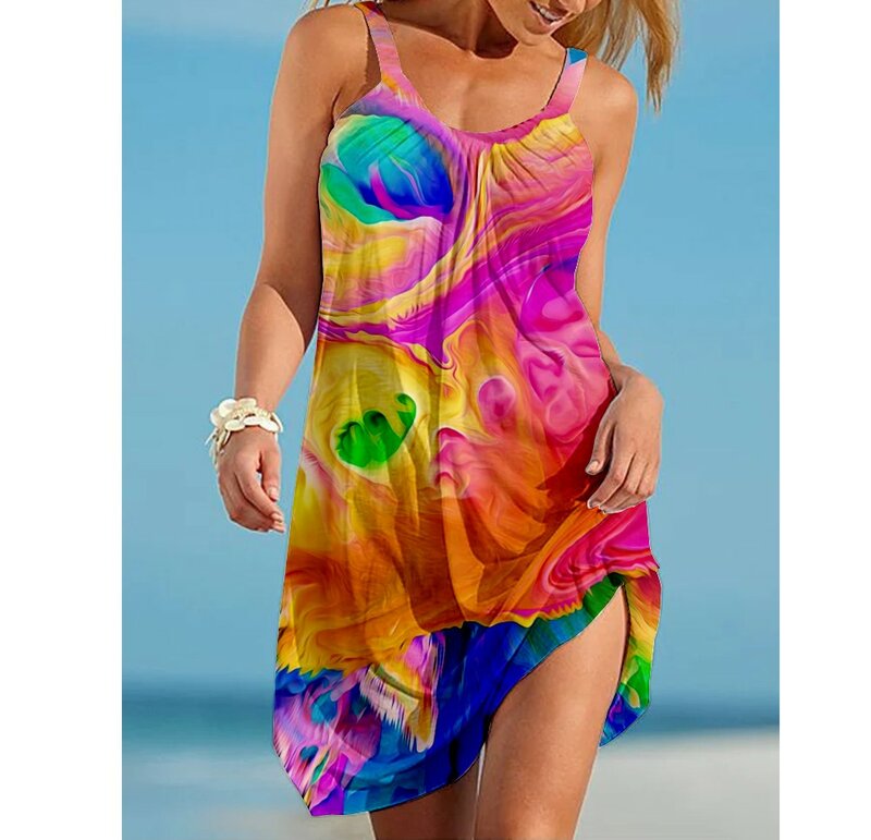 Frauen Ärmellose Kleider Sommer Regenbogen Bunte Tie Dye Gedruckt Sexy Strand Kleid Party Beachwear Mädchen Sling Midi Nacht Kleid