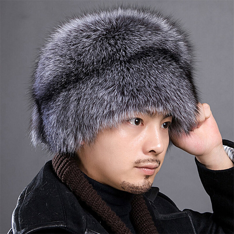 Topi Bulu Rubah Pria 2022 Baru 100% Bulu Rubah Asli Penutup Telinga Tahan Angin Topi Bulu Anjing Rakun Musim Dingin Topi Bulu Pria Topi Rusia