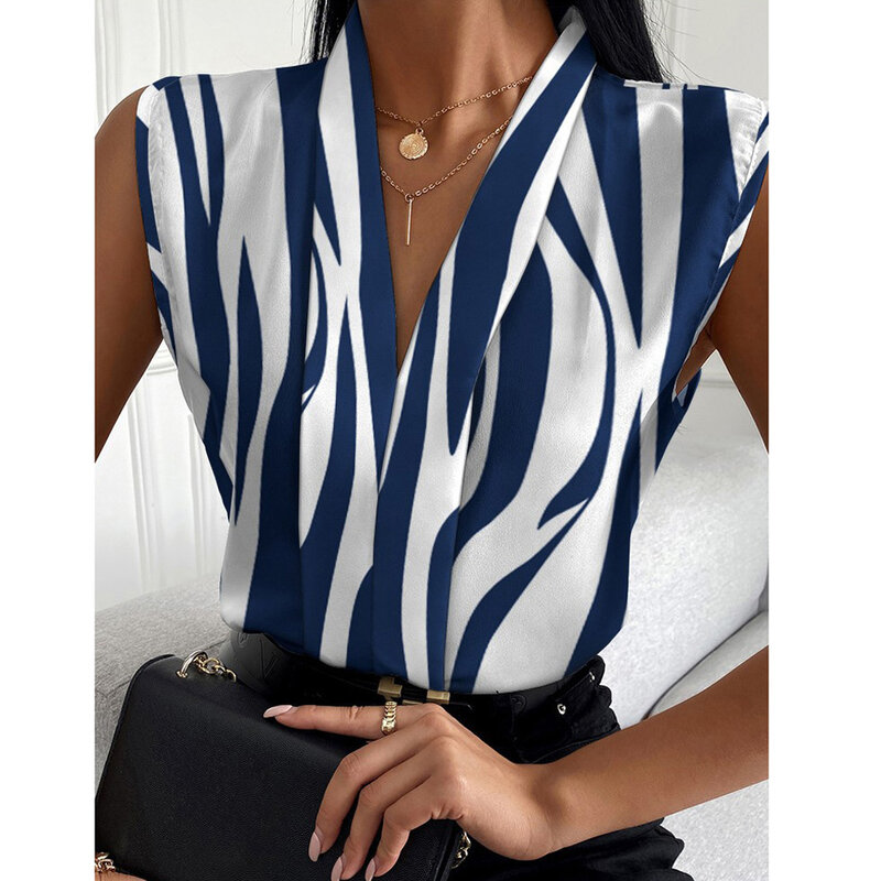 Summer Women's Top Blouses Fashion Zebra Stripe Print V-neck Sleeveless Office Lady Casual Shirts Elegant Party Shirts 2023 New