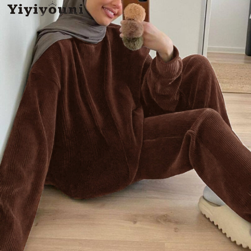 Yiyiyouni ฤดูใบไม้ร่วงฤดูหนาว Corduroy Tracksuits 2ชิ้นชุดชุดสตรีกำมะหยี่ขนาดใหญ่ Pullovers และ Sweatpants หญิงชุด