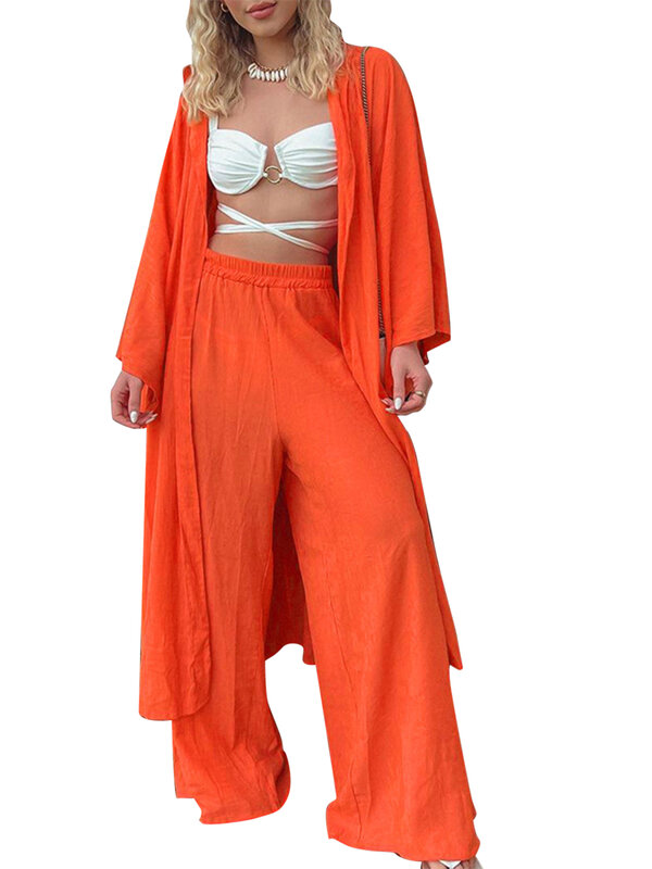 Set Jumpsuit Linen wanita, kemeja berkancing lengan panjang dan celana kaki lebar pinggang 2 potong kasual musim panas