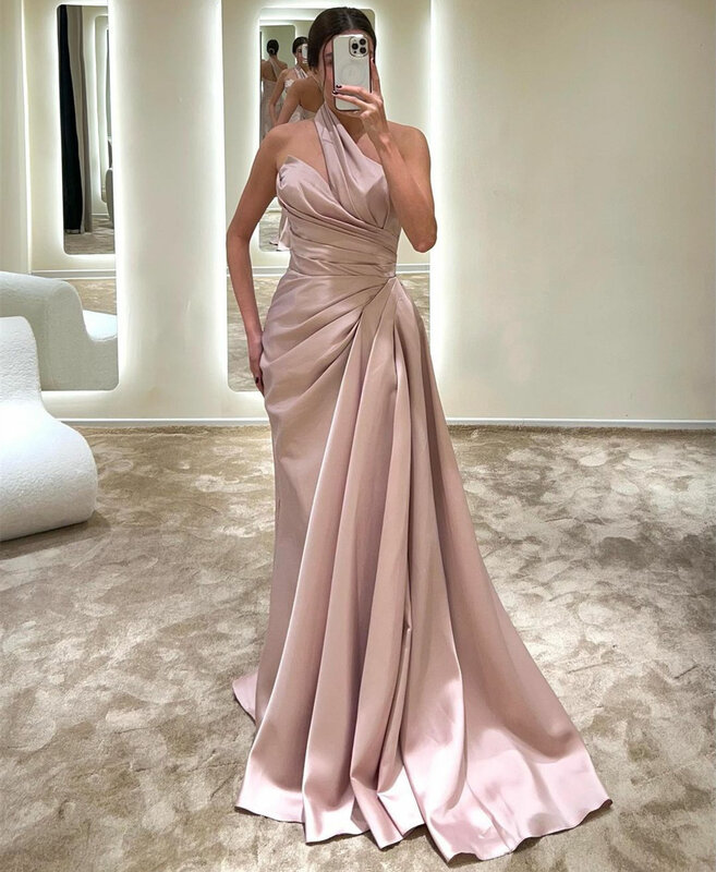Glamour Halter Pink Evening Dresses Sleeveless Ruffle Mermaid Backless Satin Formal Prom Party Gown 2023 New
