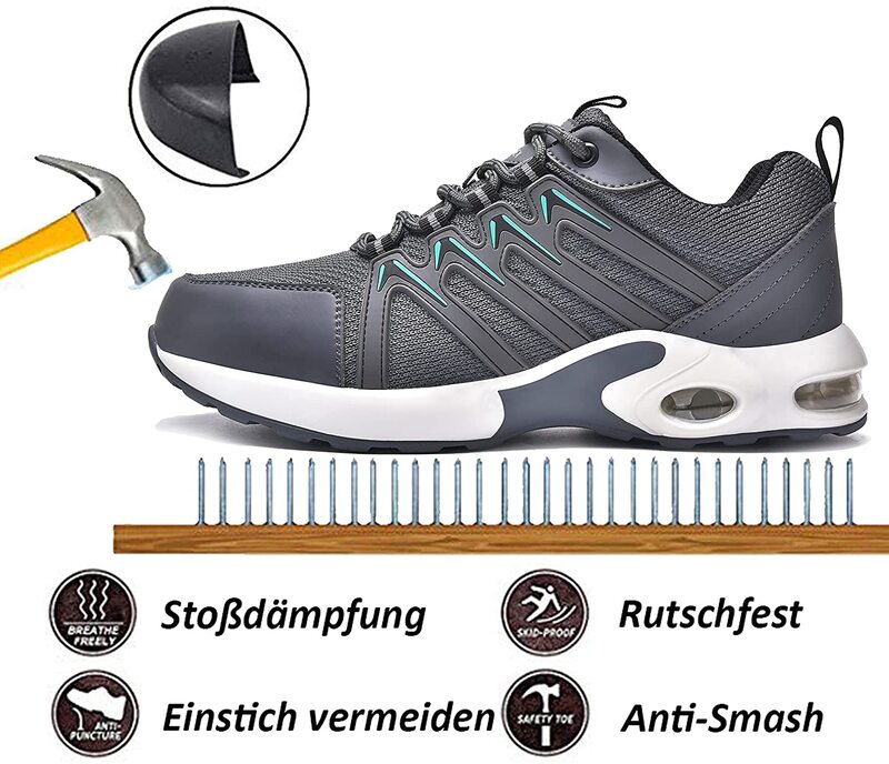 Zapatos de Seguridad para Hombre Mujer Comodo y Ligeros ligeras con amortiguación de aire Calzado de Seguridad Anti-Piercing Zapatillas Trabajo con Punta de Acero talla grande EU 37-48 Negro, Gris, Azul